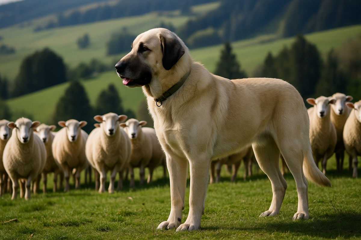 An Anatolian Shepherd, large and tan, stands alert in a grassy field with a flock of sheep behind it, pastoral hills and trees completing the tranquil scene.