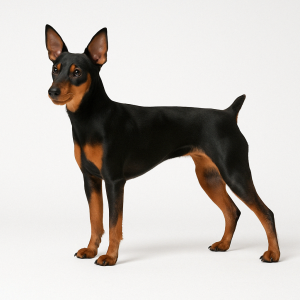 A black and tan miniature pinscher with upright ears and a docked tail stands on a plain white background, facing slightly to the left.