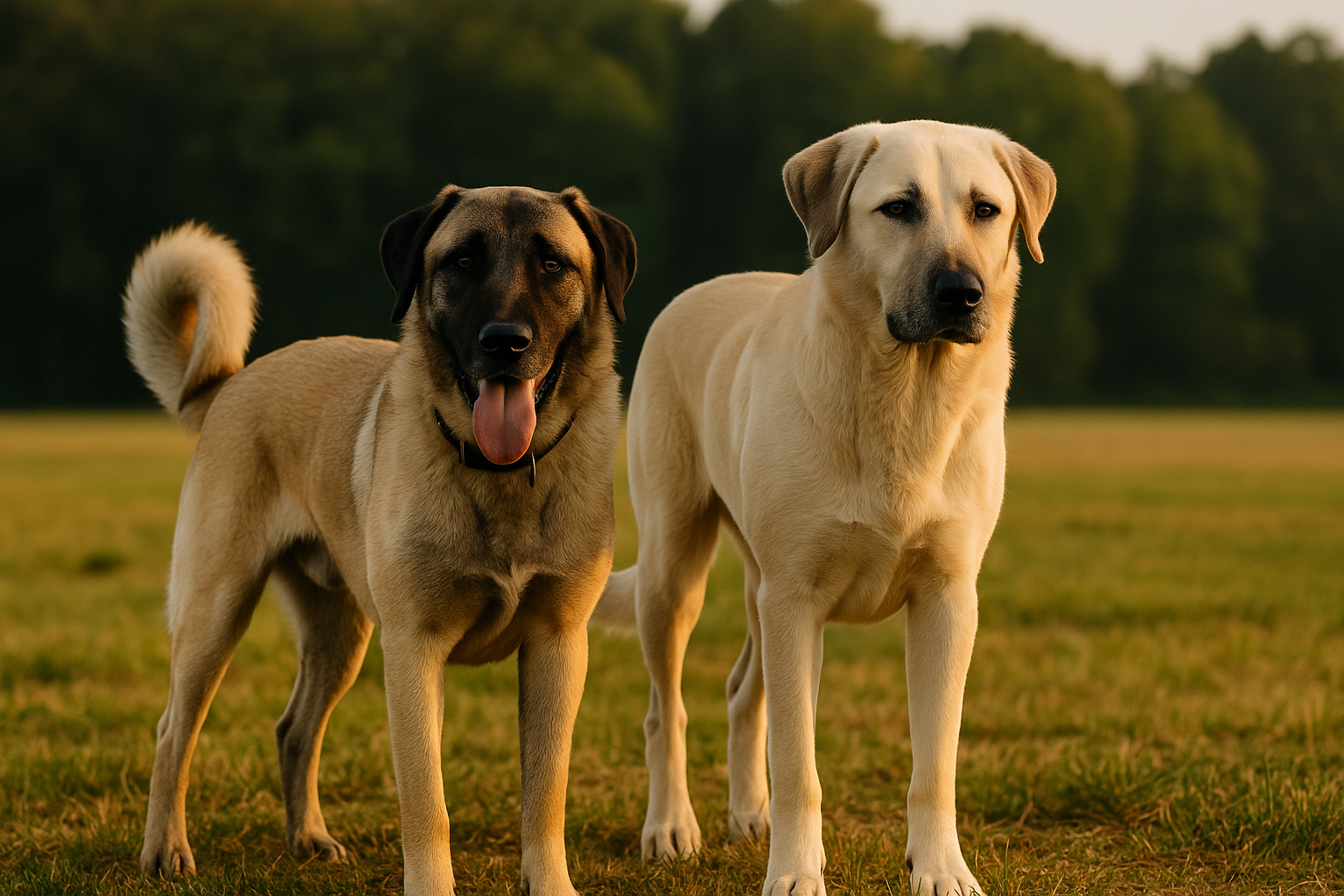 Two large anatolian shepherd dogs with short coats, one tan with a black face and the other light cream, stand side by side on grass with trees in the background.