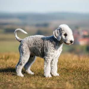 A Bedlington Terrier puppy stands on grass with a blurred rural landscape in the background.