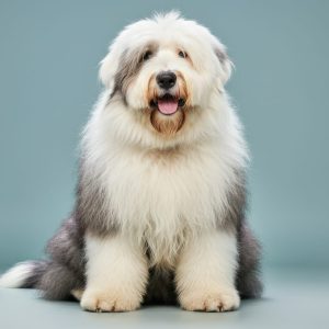 A fluffy Old English Sheepdog sits against a plain blue background, looking towards the camera with its tongue out.