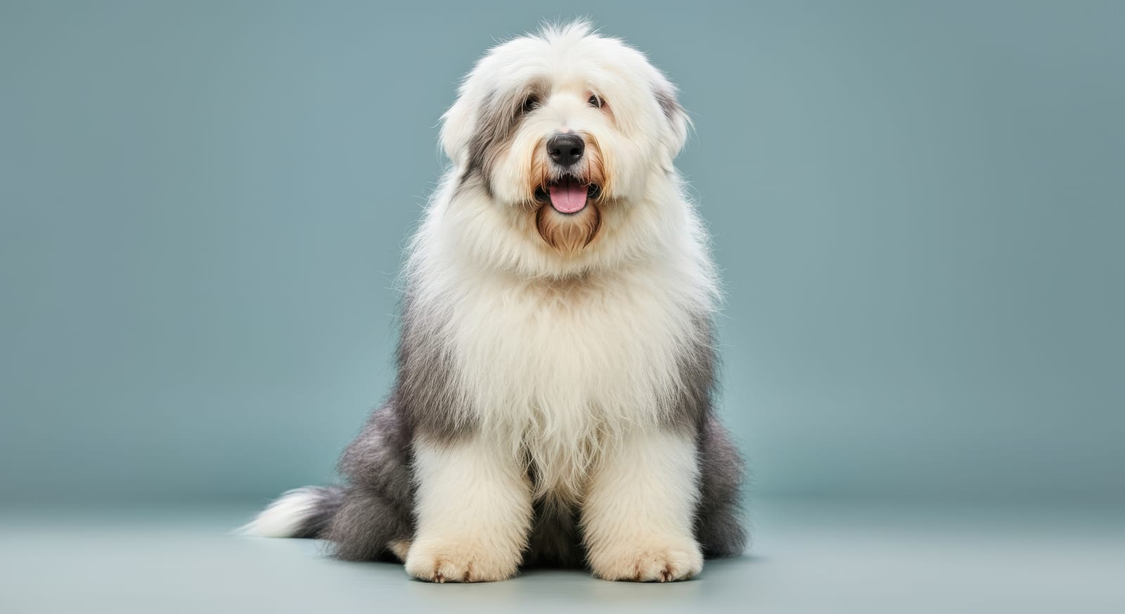 A fluffy Old English Sheepdog sits against a plain blue background, looking towards the camera with its tongue out.