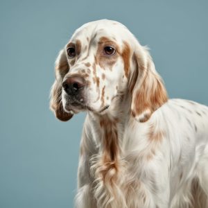 A white and brown English Setter with long ears and a spotted coat stands against a plain blue background.