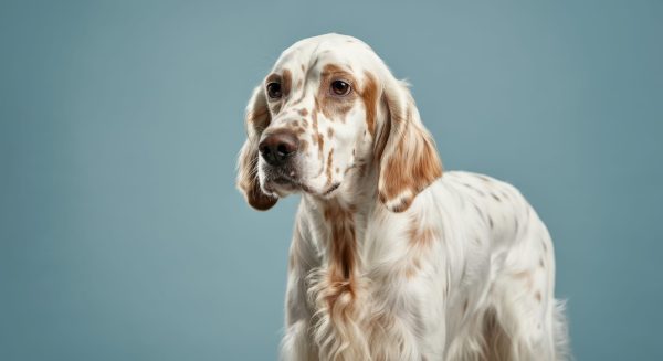 A white and brown English Setter with long ears and a spotted coat stands against a plain blue background.