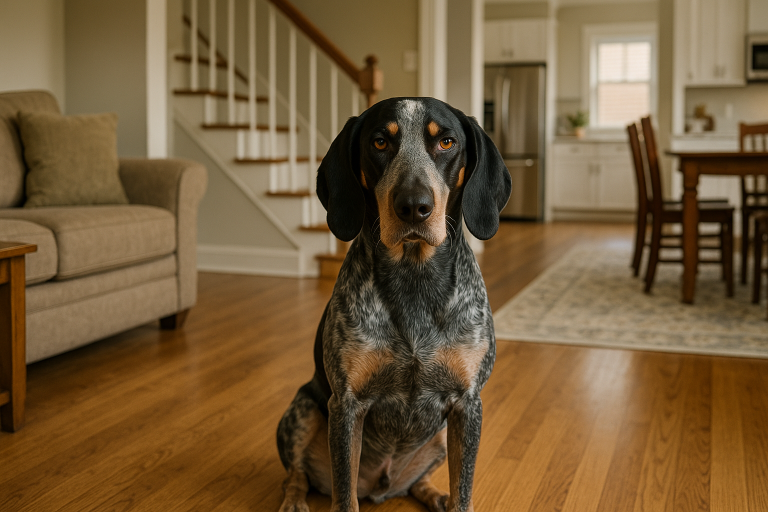 A black and gray bluetick coonhound with brown markings sits on a wooden floor in a living room, with a staircase and dining area in the background.