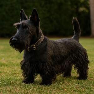A black Scottish Terrier with a collar stands alert on a grassy lawn, embodying the classic poise and charm of the Scottish terrier breed against a backdrop of trees.
