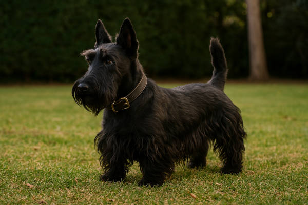 A black Scottish Terrier with a collar stands alert on a grassy lawn, embodying the classic poise and charm of the Scottish terrier breed against a backdrop of trees.
