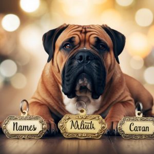 A Bullmastiff sits behind five name tags labeled Nameer, Names, Mibuh, Cavan, and Jaha, embodying the gentle giant persona with a blurred background of lights.