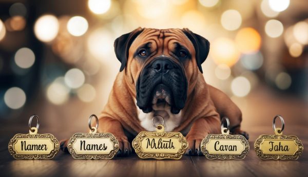 A Bullmastiff sits behind five name tags labeled Nameer, Names, Mibuh, Cavan, and Jaha, embodying the gentle giant persona with a blurred background of lights.