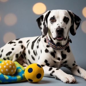 A Dalmatian, perhaps named after clever names like "Dot" or "Spotty," lounges on a blanket with two yellow polka dot balls against a backdrop of blurred lights.
