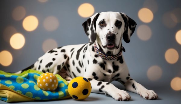 A Dalmatian, perhaps named after clever names like "Dot" or "Spotty," lounges on a blanket with two yellow polka dot balls against a backdrop of blurred lights.