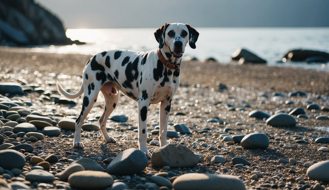 A Dalmatian dog standing on a rocky beach, surrounded by pebbles of various sizes, with spots of sunlight creating patterns on the ground