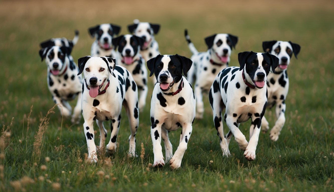 A pack of Dalmatians frolic in a field, each with unique spots resembling famous patterns like polka dots and leopard print