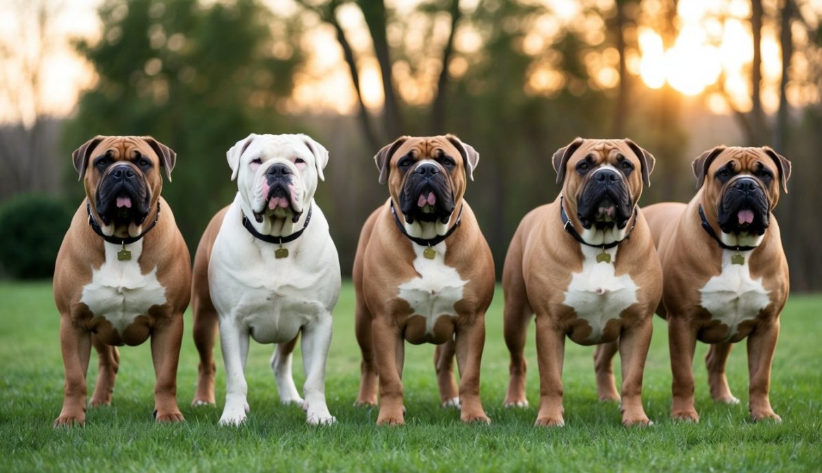 Five bulldogs, one white and four brown, stand in a row on grass, embodying the essence of gentle giants with their serene demeanor. The backdrop features trees silhouetted against a stunning sunset, creating an enchanting scene reminiscent of trending choices for Bullmastiff names.