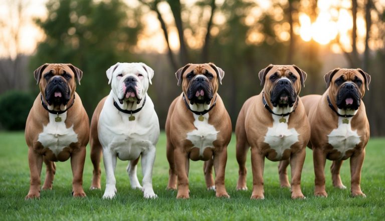 Five bulldogs, one white and four brown, stand in a row on grass, embodying the essence of gentle giants with their serene demeanor. The backdrop features trees silhouetted against a stunning sunset, creating an enchanting scene reminiscent of trending choices for Bullmastiff names.