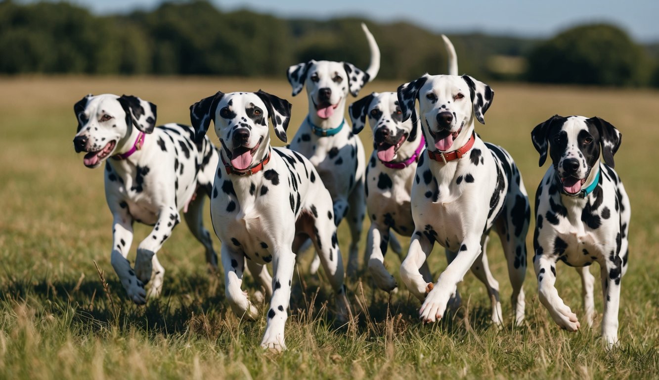 A group of Dalmatians playfully frolic in a field, each dog adorned with a unique pattern of spots