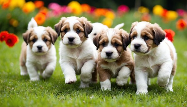 Four adorable Havanese puppies with brown and white fur trot happily on grass, surrounded by colorful flowers in the background.