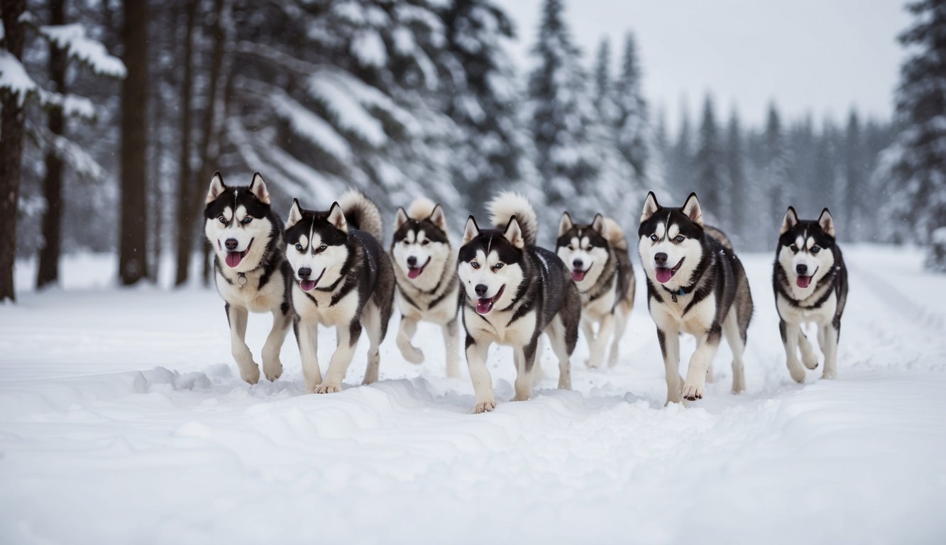 A pack of Siberian Huskies frolic in a snow-covered forest, their thick fur blending seamlessly with the wintry landscape