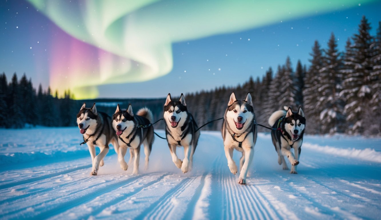 A pack of Siberian Huskies running through a snowy forest under the colorful glow of the Northern Lights