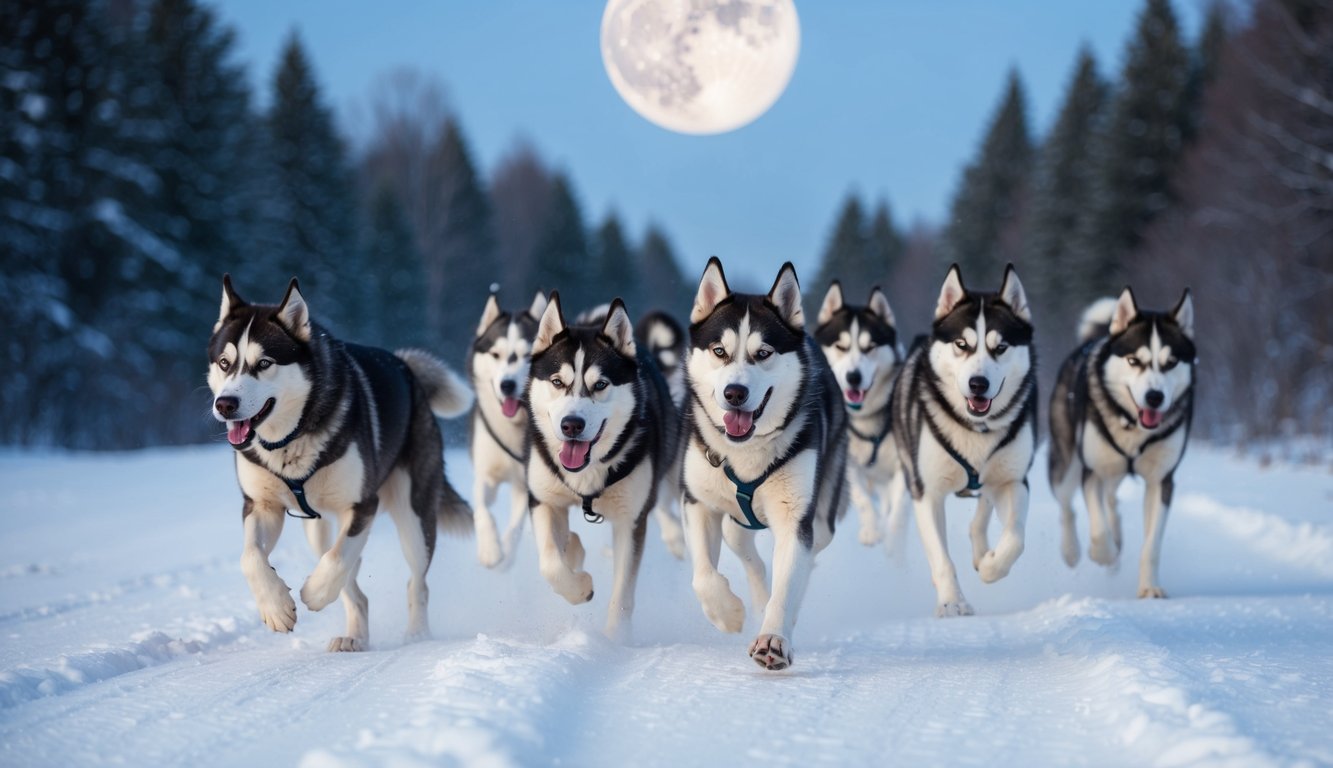 A pack of Siberian Huskies running through a snowy forest under the glow of a full moon