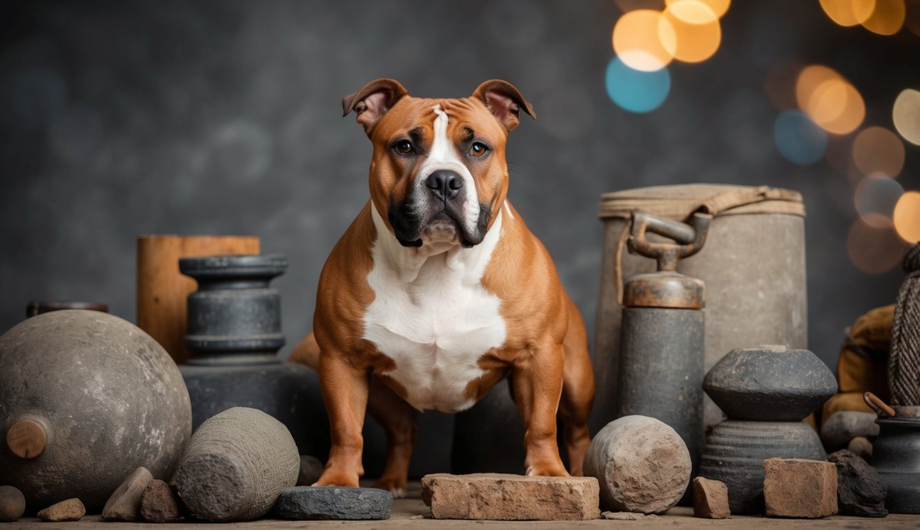 A muscular Staffordshire Bull Terrier stands confidently amidst a collection of rugged objects, exuding strength and resilience