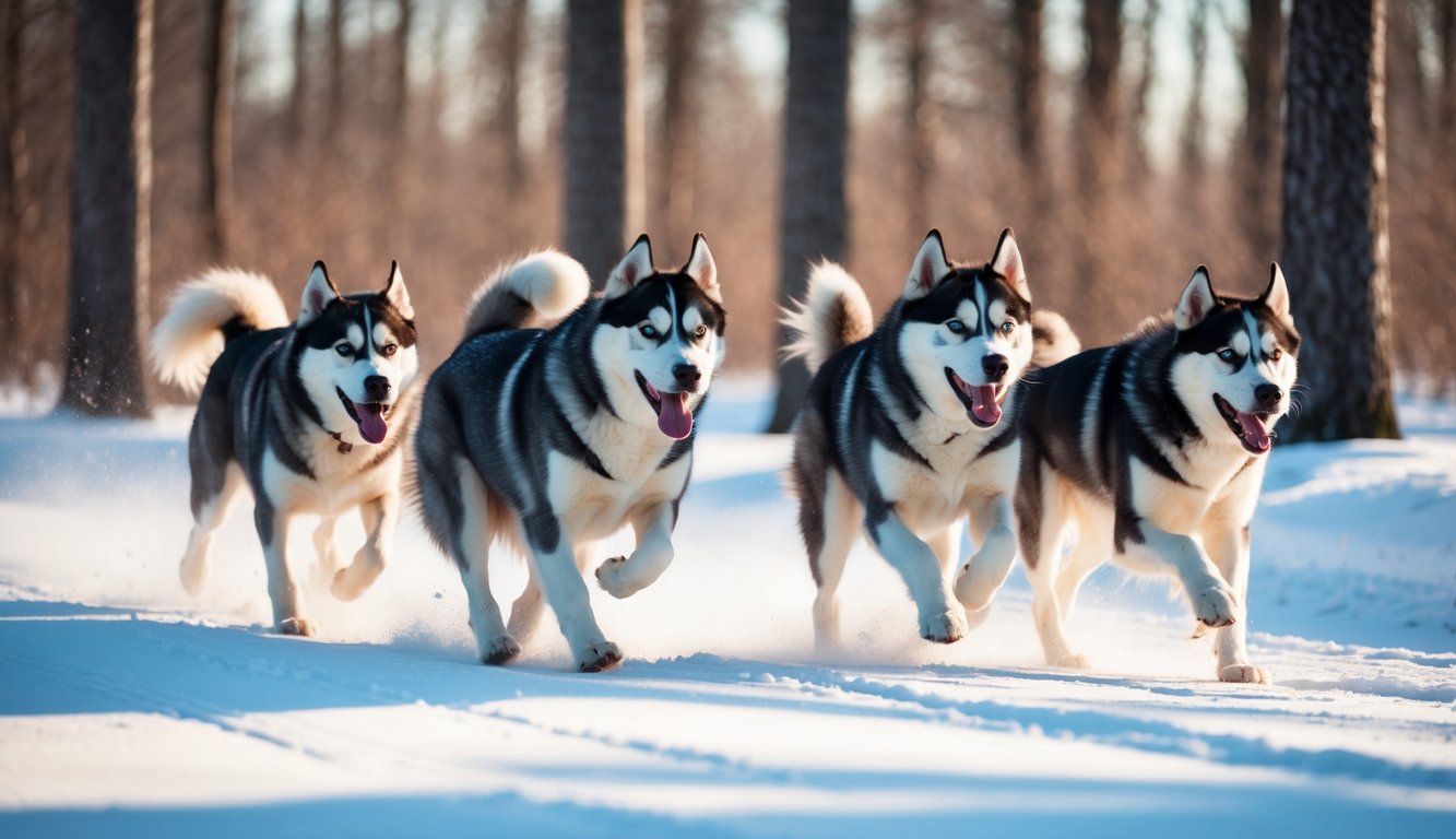 A pack of Siberian Huskies running through a snowy forest, their fur glistening in the sunlight as they playfully chase each other