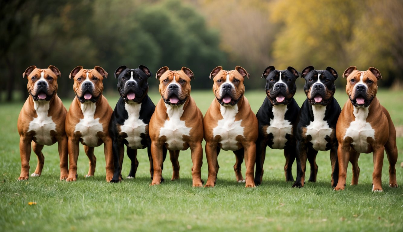 A group of 25 muscular Staffordshire Bull Terriers standing proudly in a row, exuding strength and confidence