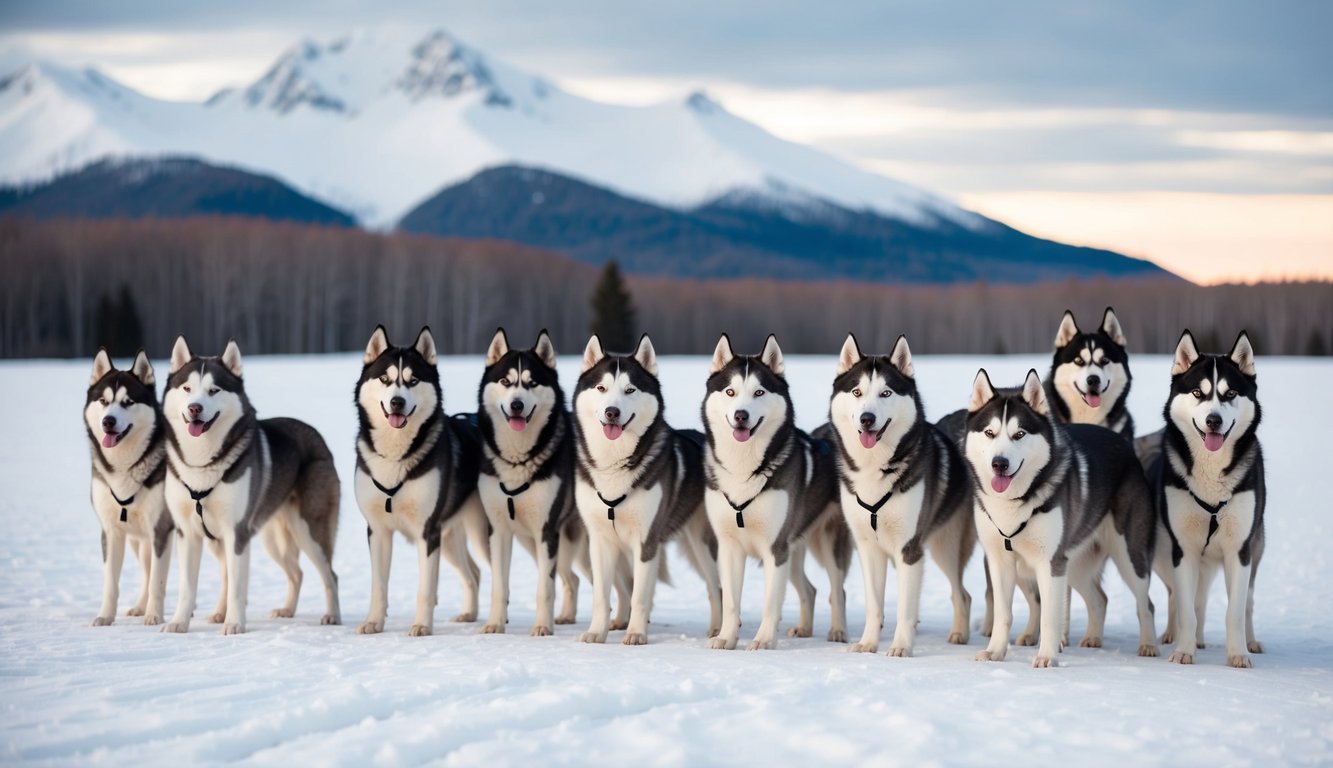 A group of 30 Siberian Huskies with unique names, standing in a snowy landscape with mountains in the background