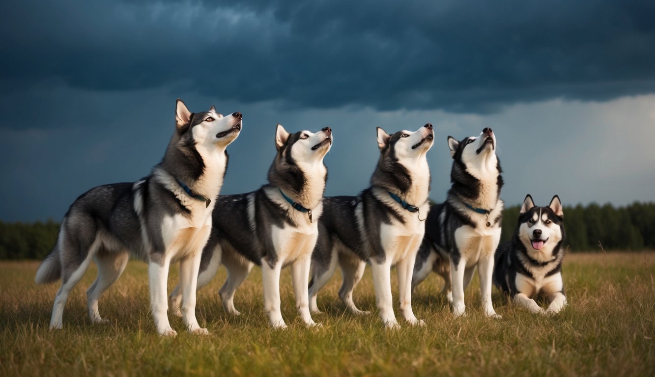 A pack of Siberian Huskies howling under a stormy sky