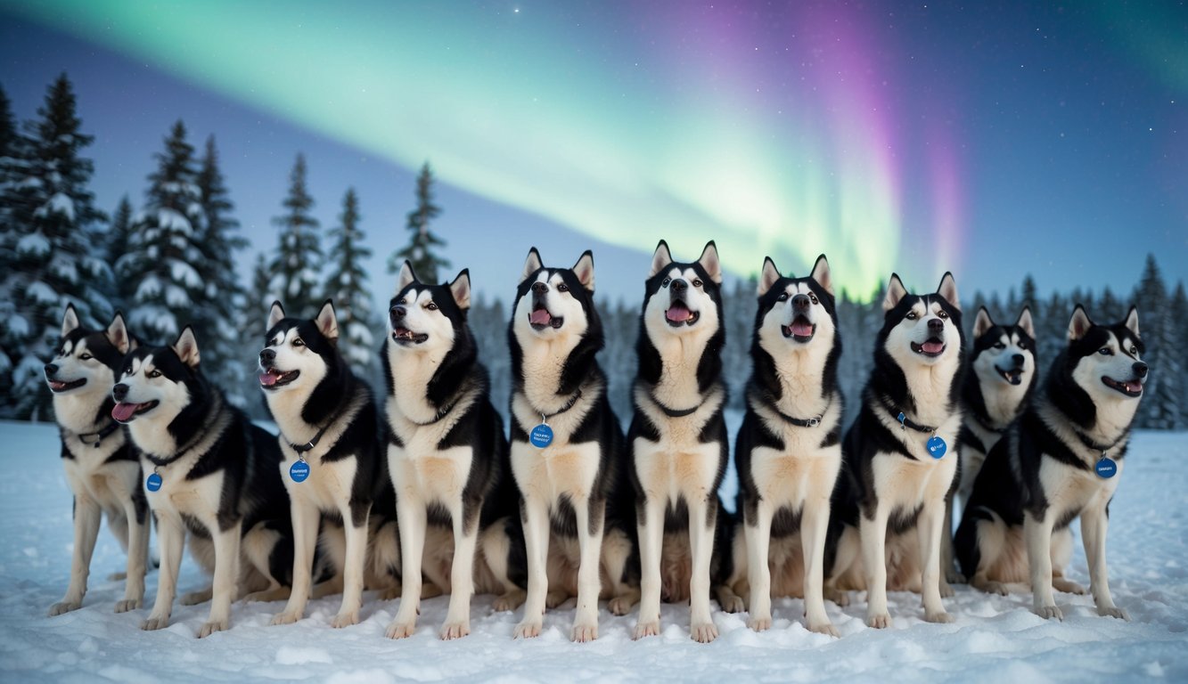 A pack of 30 Siberian Huskies, each with a unique name tag, howling under the northern lights in a snowy forest