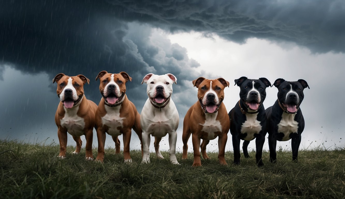 A pack of powerful Staffordshire Bull Terriers stand amid a raging storm, their tough and determined expressions matching the fierce weather