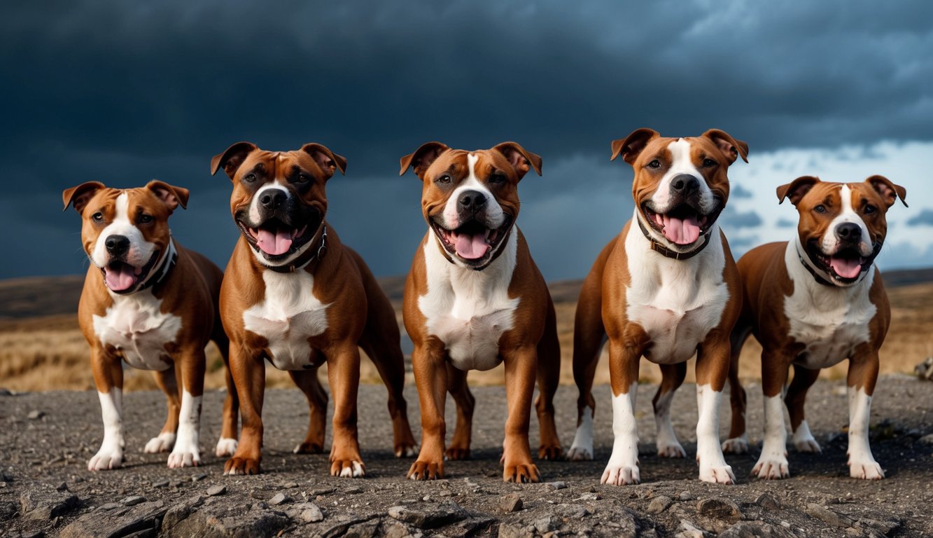 A pack of Staffordshire Bull Terriers with fierce expressions, standing in a rugged landscape with a backdrop of a stormy sky