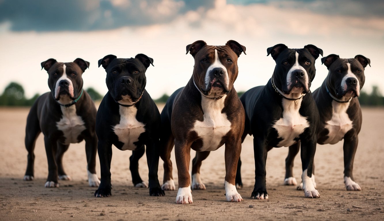 A group of powerful Staffordshire Bull Terriers stand in a row, their muscular frames exuding strength and determination. Their intense gazes and sturdy stances convey a sense of toughness and resilience