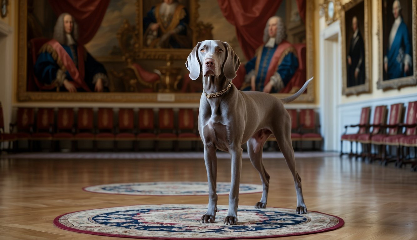 A regal Weimaraner stands in a grand hall, surrounded by ornate tapestries and noble portraits. The dog exudes an air of aristocracy, with a dignified presence and elegant posture