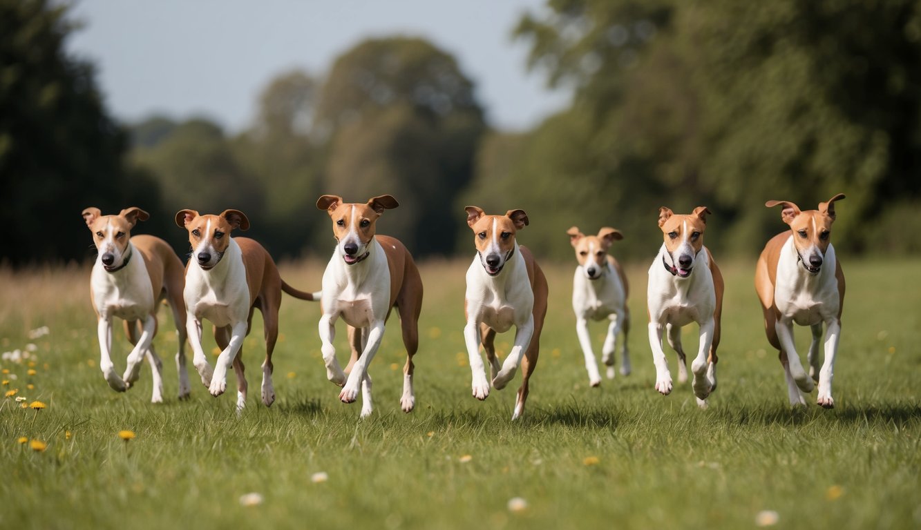 A pack of Whippets running gracefully through a serene meadow, their sleek bodies moving in perfect harmony