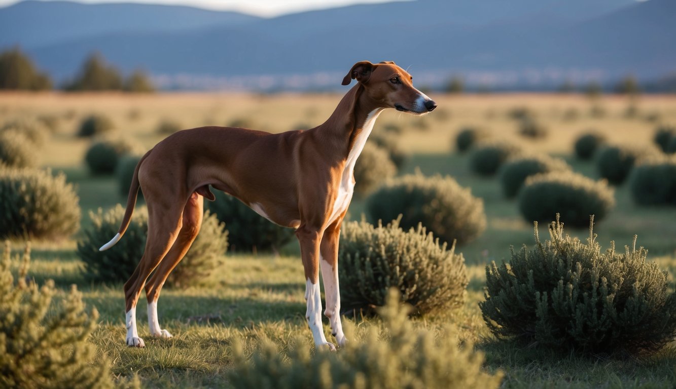 A sleek whippet stands in a field of juniper bushes, its elegant form highlighted by the soft light of dawn