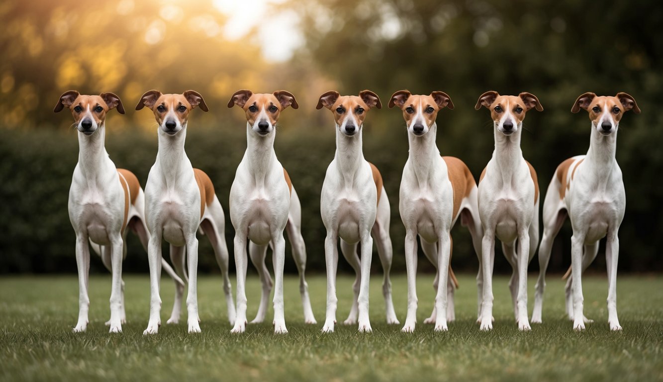 A group of elegant whippets standing in a row, each with a unique and regal presence, showcasing their graceful and sleek physique