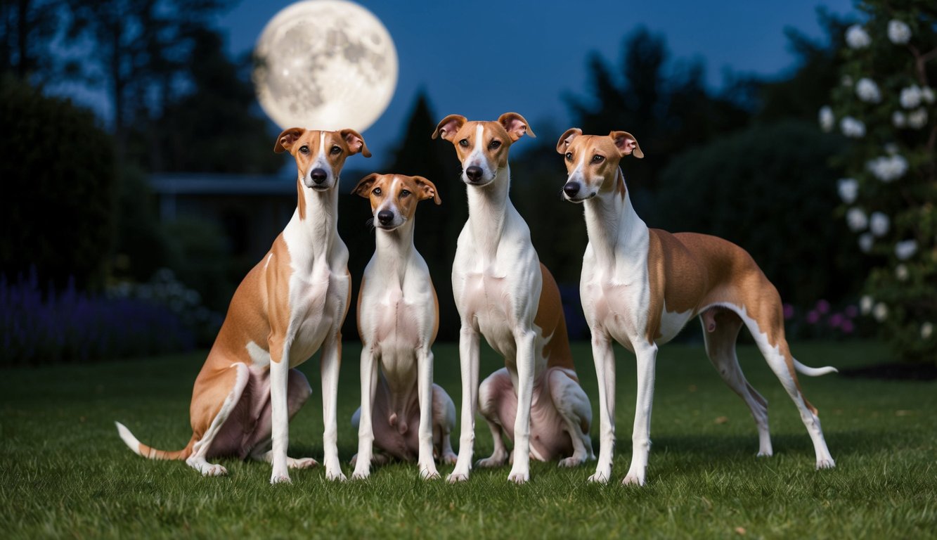 A group of elegant whippets posing gracefully in a moonlit garden