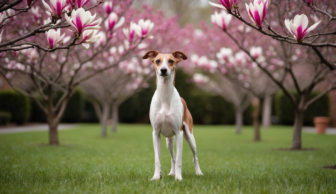 A whippet surrounded by blooming magnolia trees in a serene garden