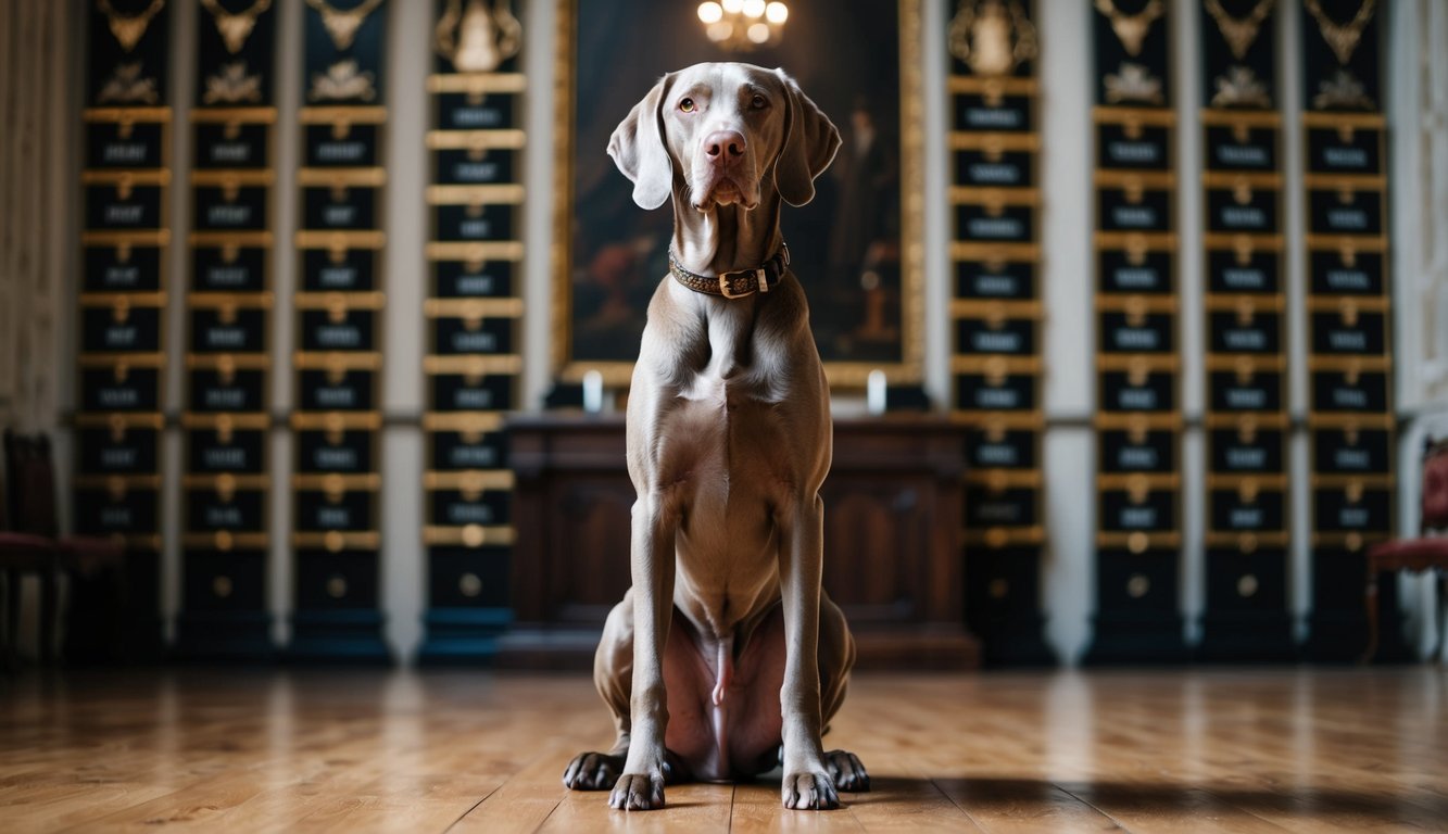A regal Weimaraner stands in a grand hall, adorned with 25 ornate name plaques for Lord Galahad's noble dogs