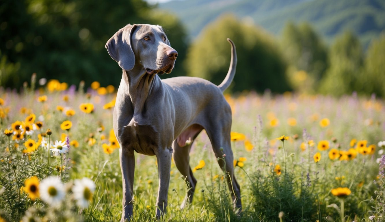 A regal Weimaraner stands amidst a field of wildflowers, its sleek silver coat glistening in the sunlight as it gazes off into the distance