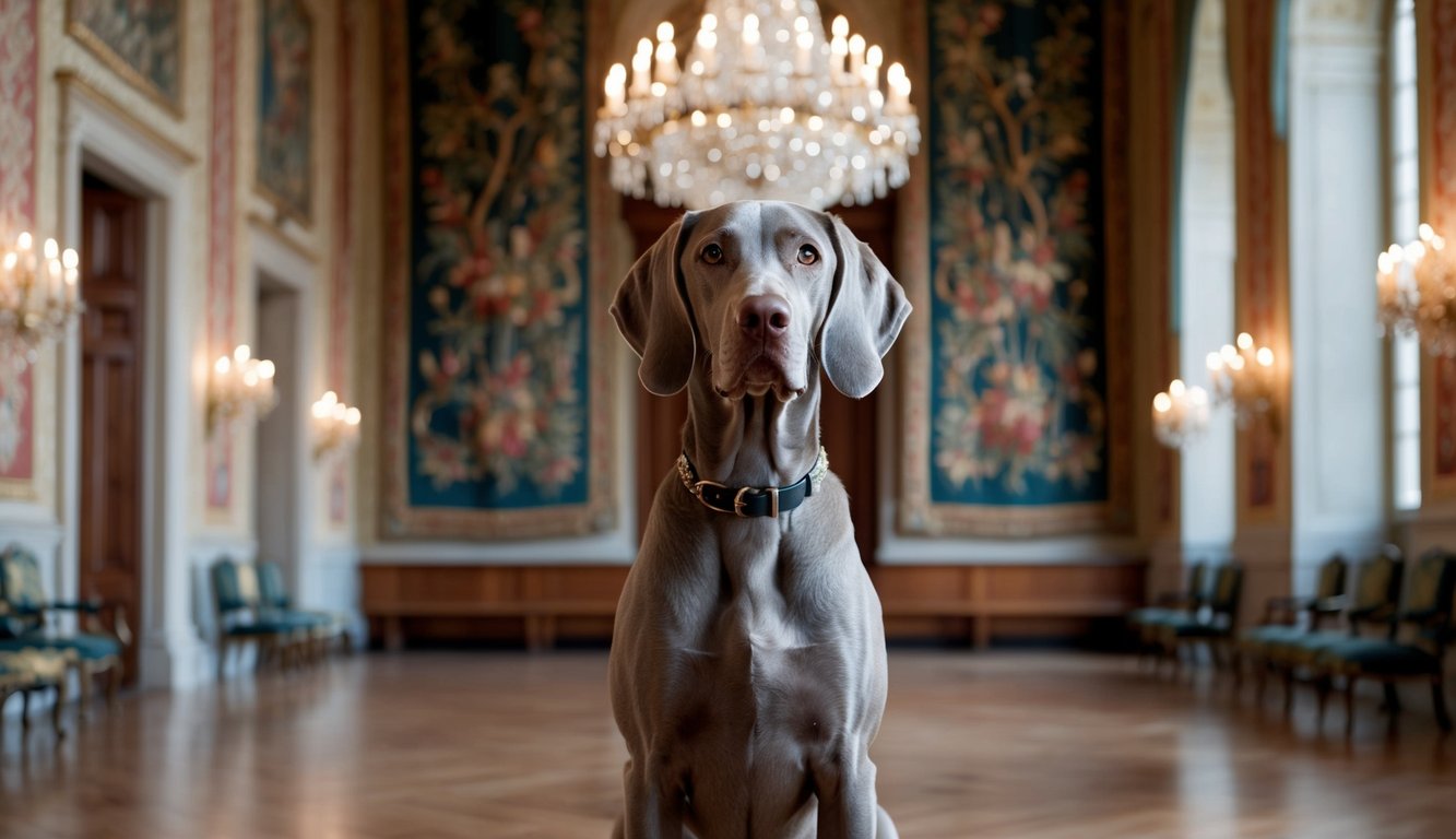 A regal Weimaraner stands in a grand hall, adorned with opulent tapestries and chandeliers, exuding an air of nobility