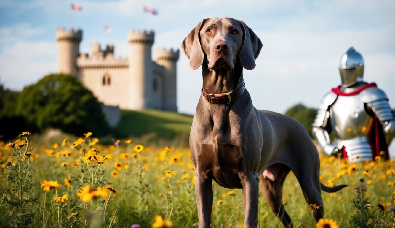 A regal Weimaraner stands proudly amidst a field of wildflowers, with a castle in the background and a shining suit of armor nearby
