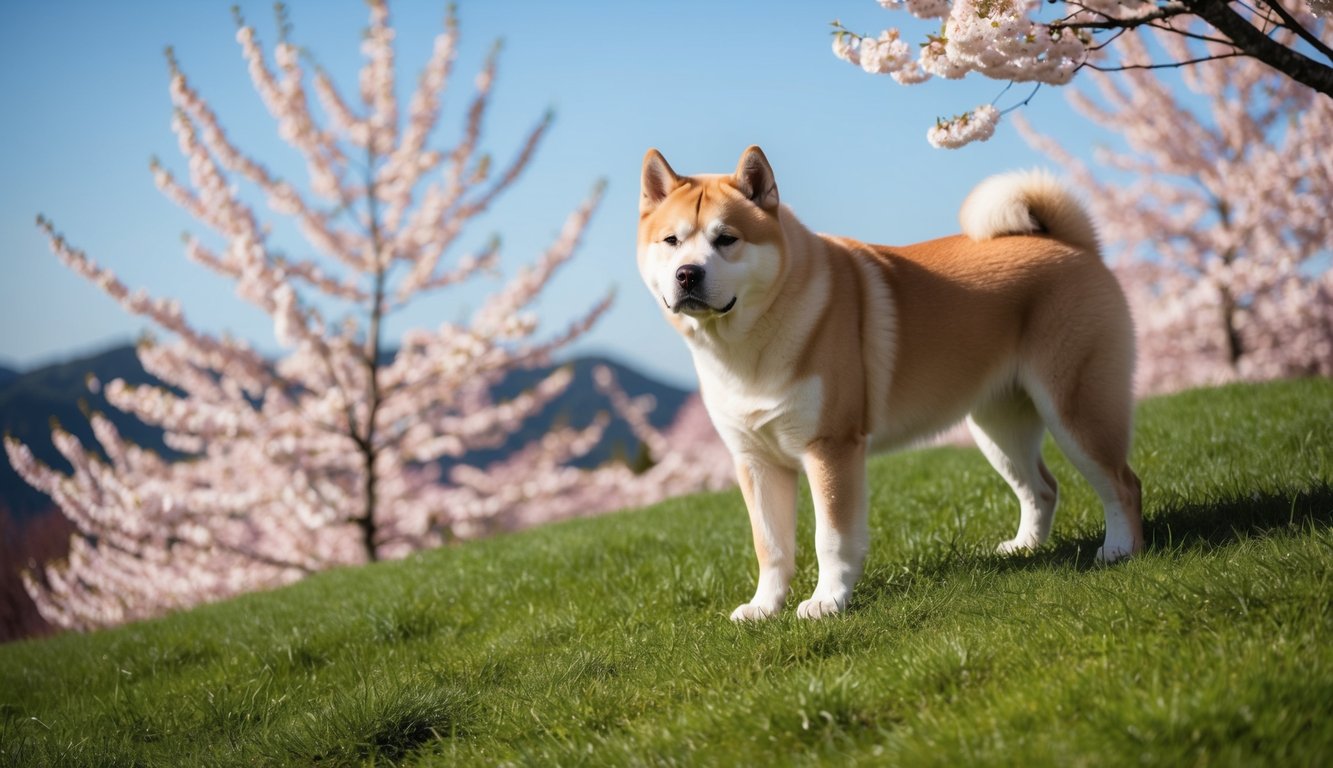 An Akita standing on a grassy hill, surrounded by cherry blossom trees, with a clear blue sky in the background