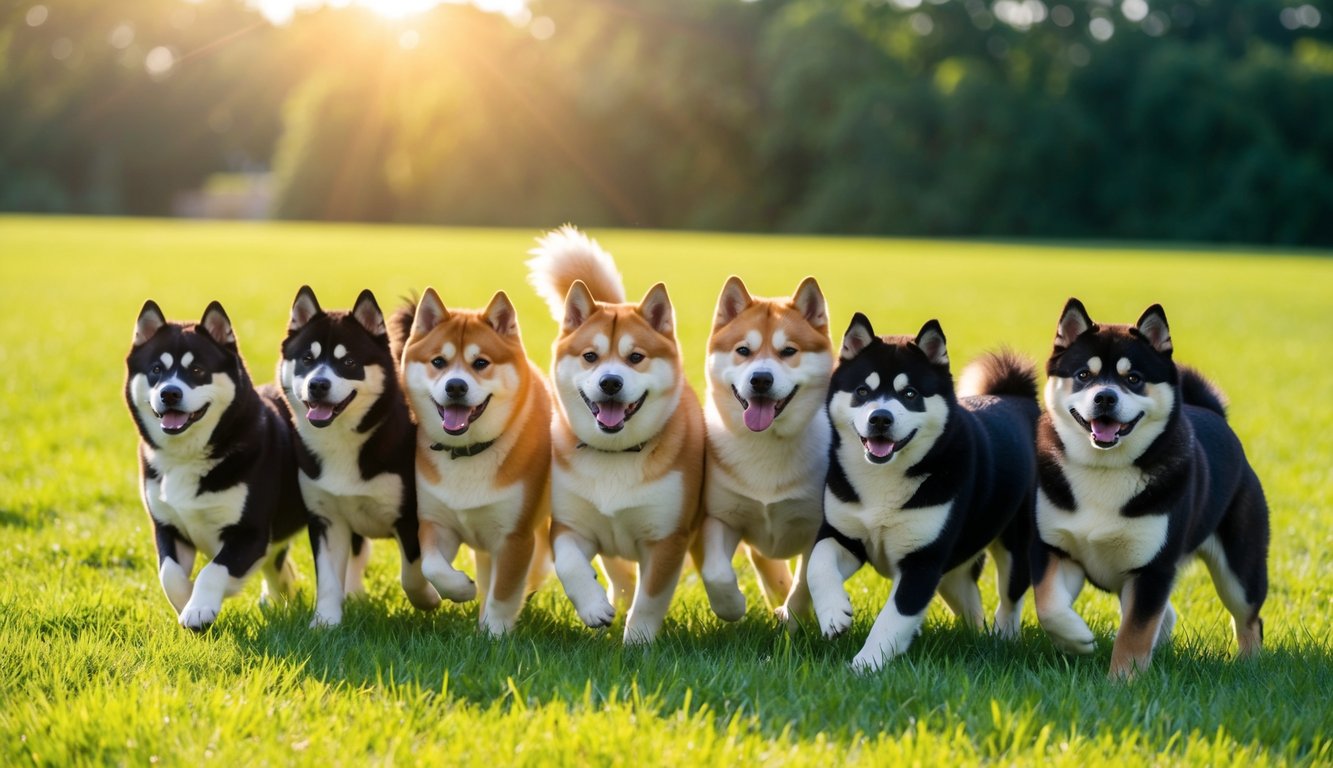 A group of 33 Akita dogs of various colors and sizes, playing together in a lush, green field under the bright sun of 2025