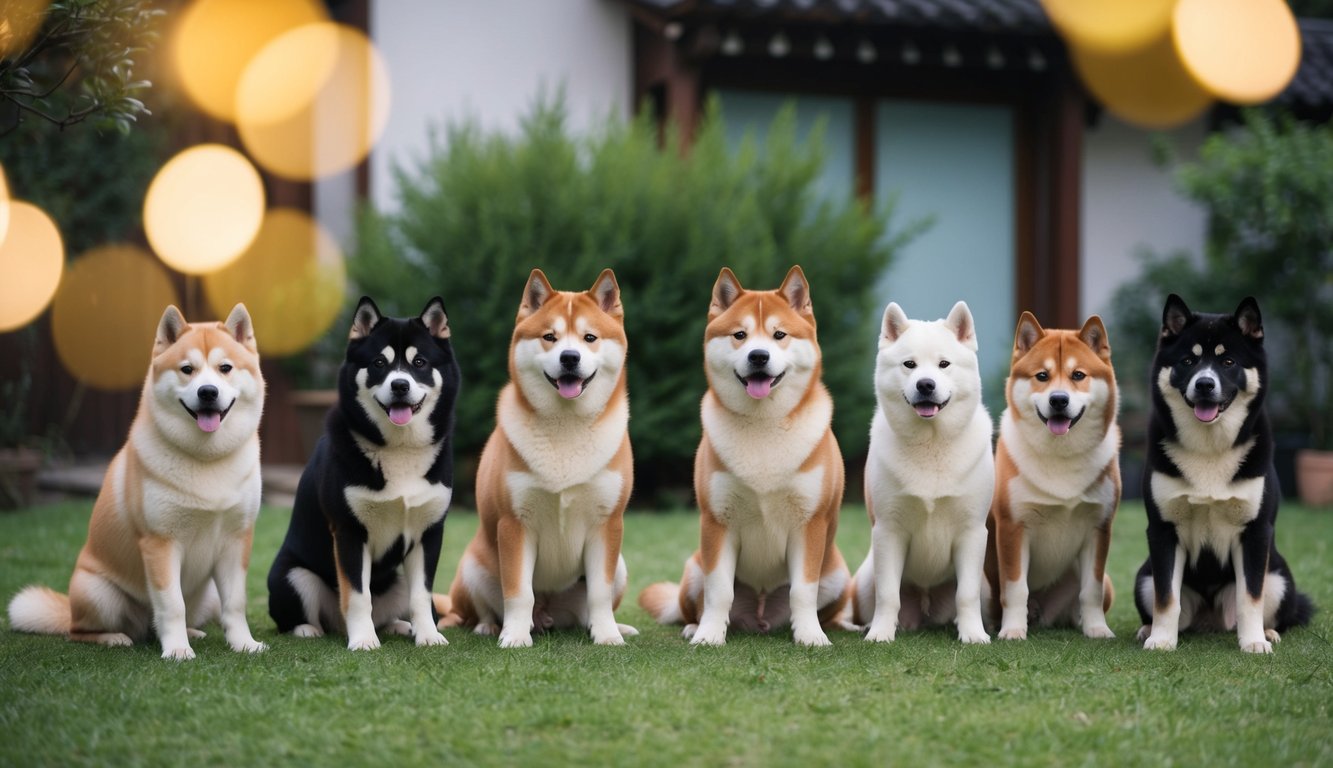 A group of Akita dogs of various ages and colors gathered in a serene, natural setting, with a mix of traditional and modern elements in the background