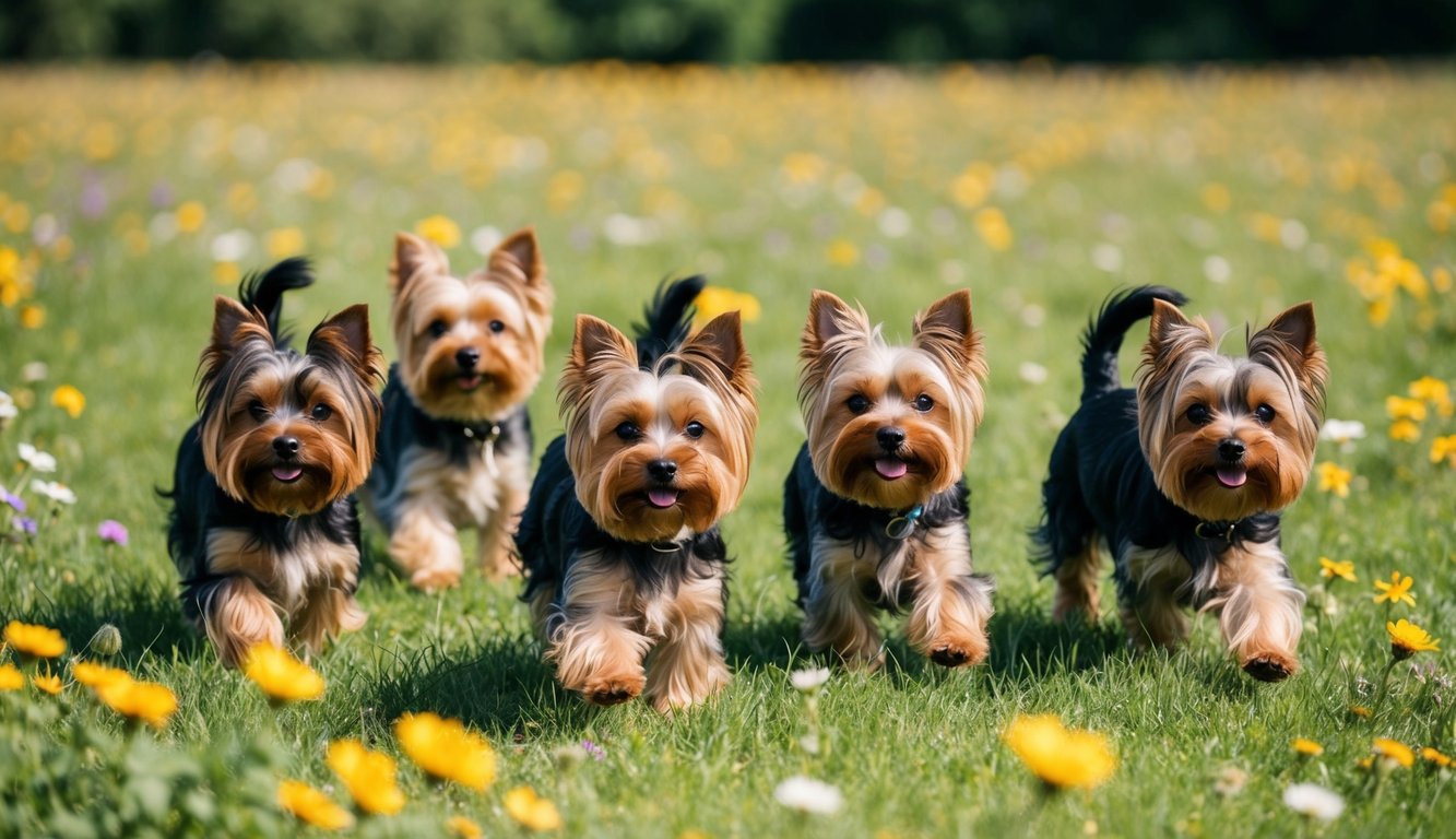 A group of adorable Yorkshire Terriers playing in a field of wildflowers