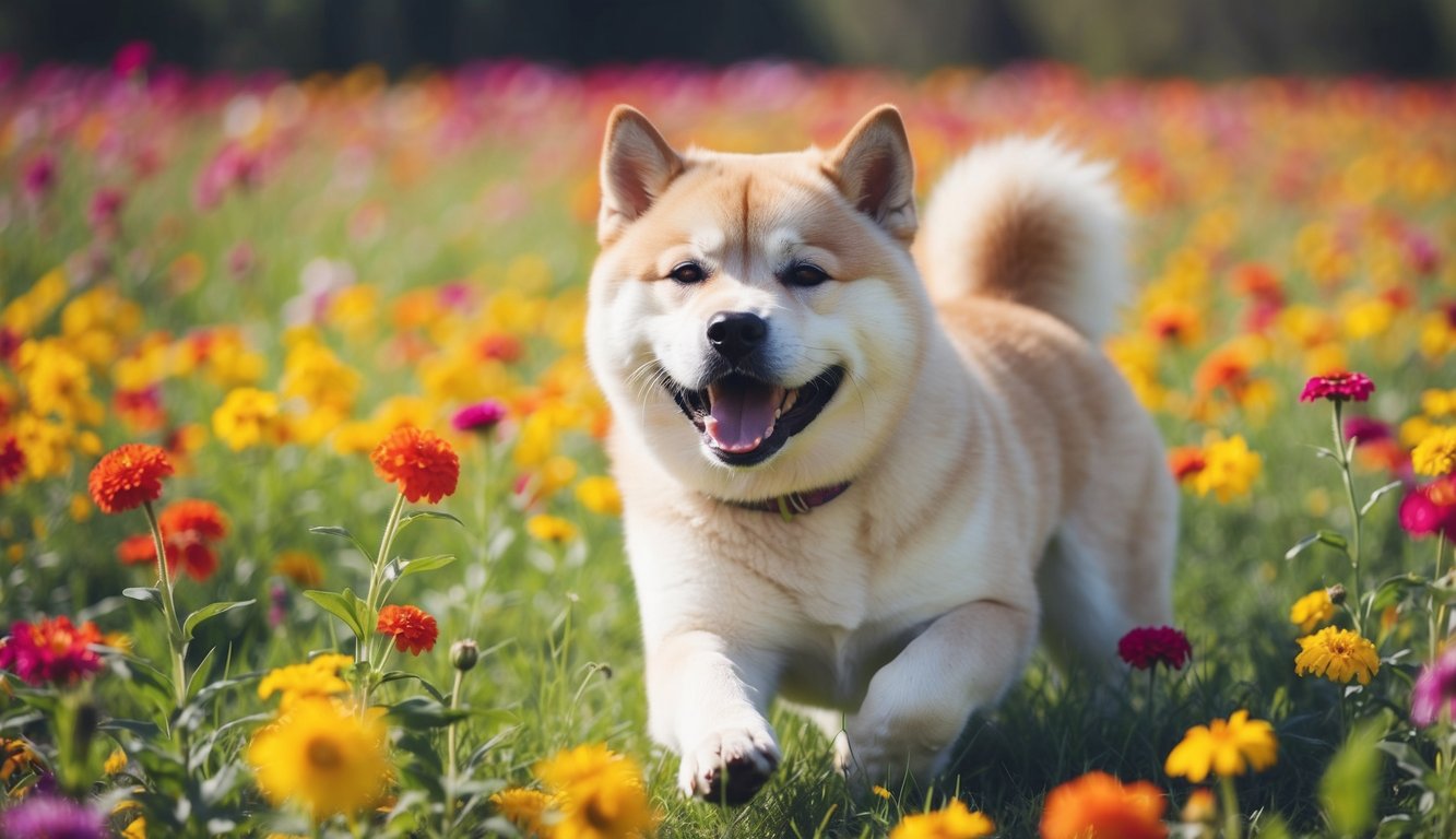 A playful Akita surrounded by a field of colorful flowers