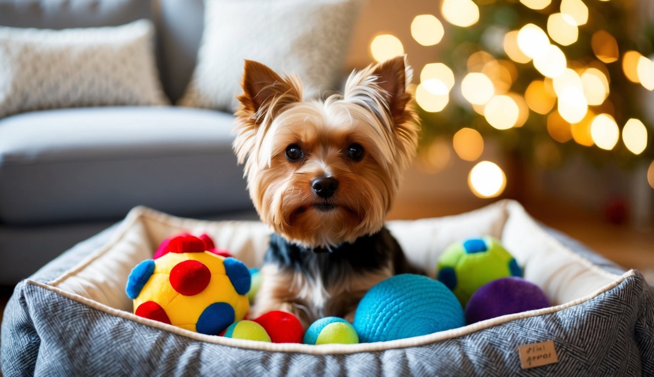 A Yorkshire Terrier surrounded by colorful dog toys and a cozy bed