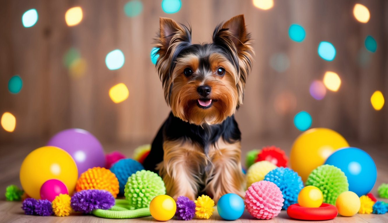 A Yorkshire Terrier surrounded by a variety of playful toys and accessories, with a bright and cheerful color palette